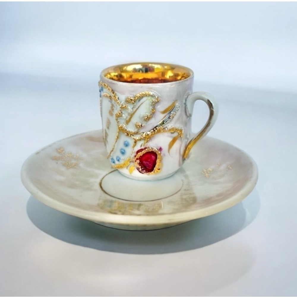 Vintage German Porcelain Demitasse Cup & Saucer Raised Enamel Gold Gilt Antique - Picture 10 of 10